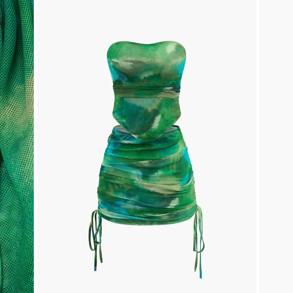 Tie Dye Mesh Tube Top And Ruched Drawstring Mini Skirt Set